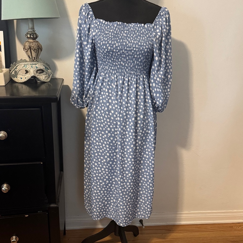 Vine & Love Long Sleeve Blue Polka Dot Dress
